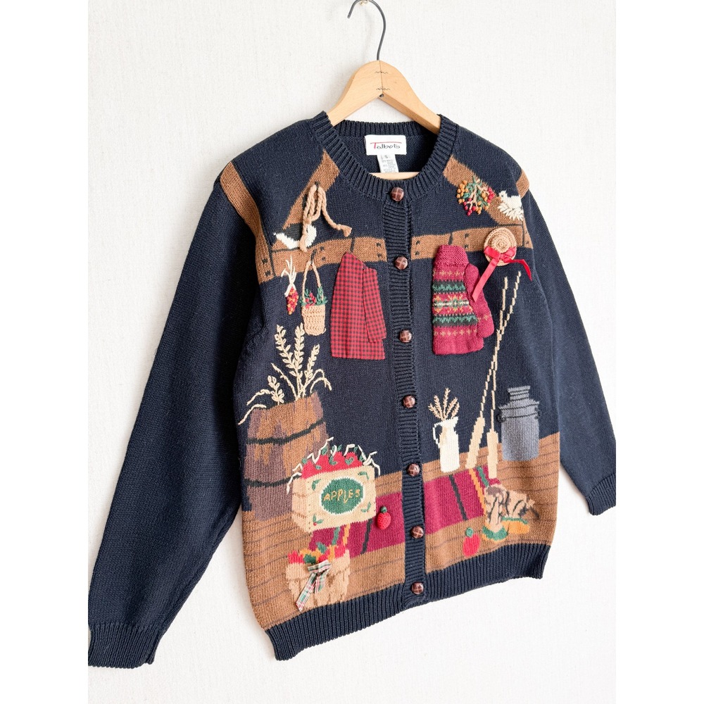 Talbots Vintage Fall Harvest‎ Cardigan Sweater Navy Blue Applique Embroidery S - Picture 3 of 4